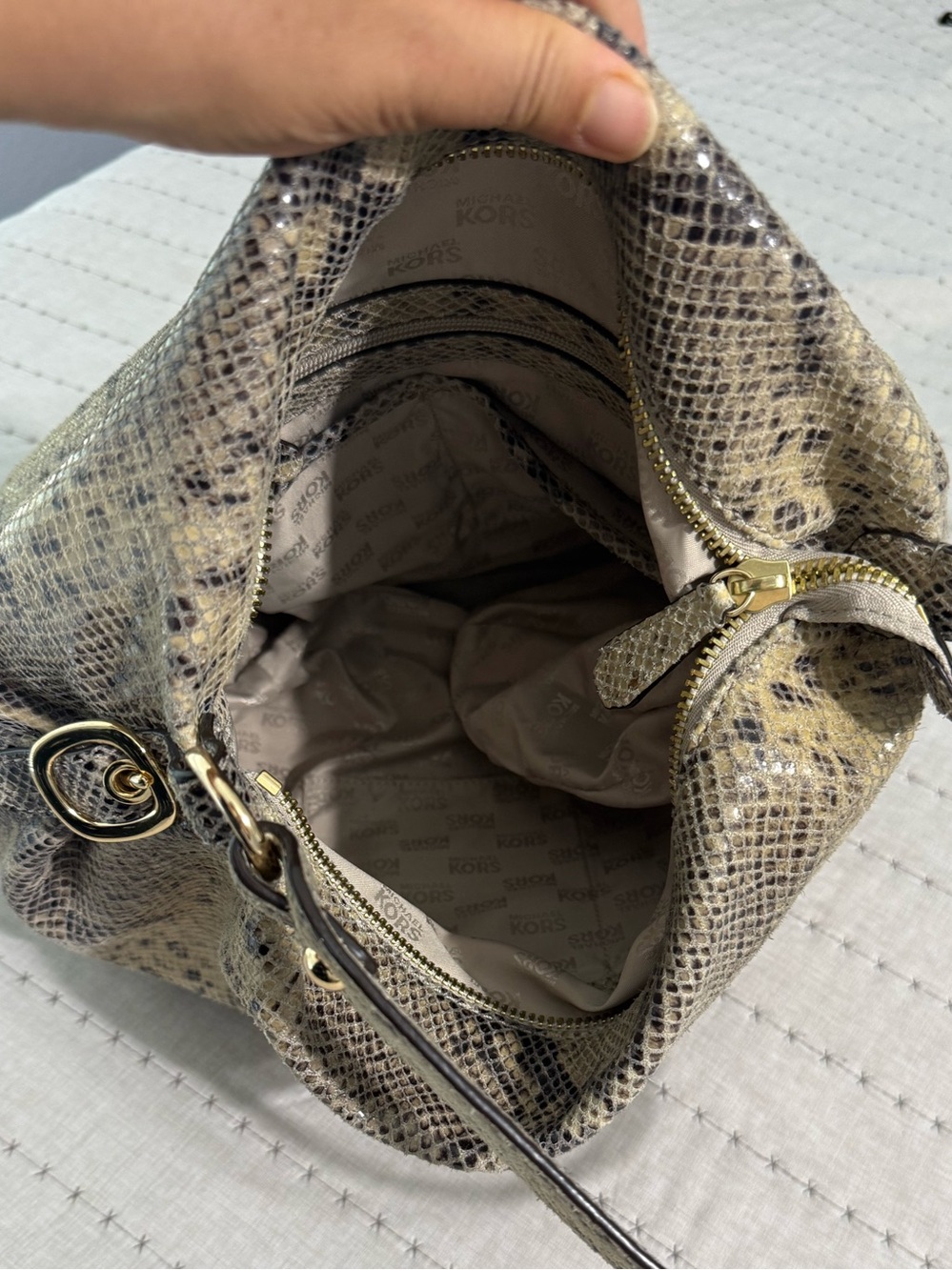 Michael Kors Snake-Print Hobo in Beige and Brown with Gold Hardware - Picture 10 of 12